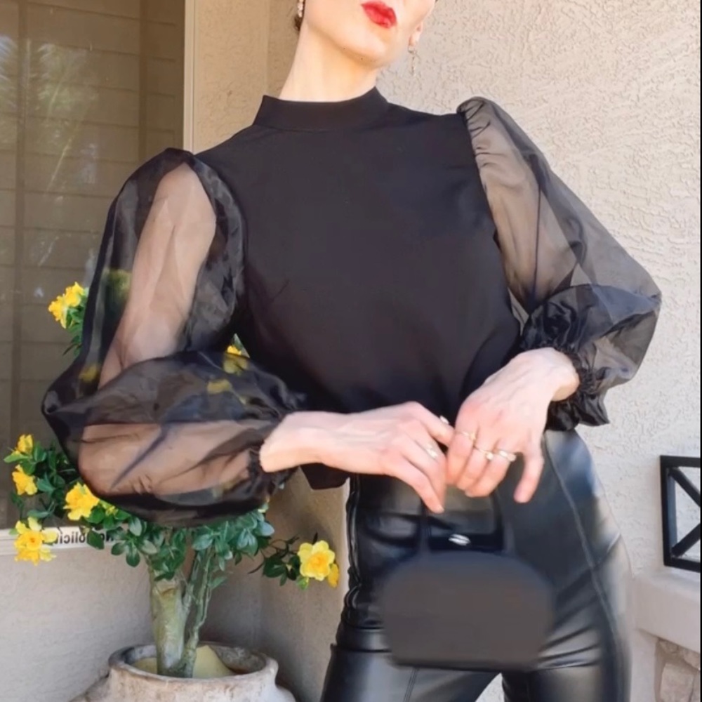 ASOS Black High Neck Voluminous Organza Balloon Sleeve Blouse Top Sz 4 (Small)